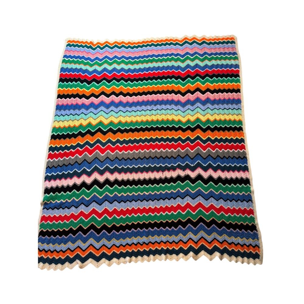 Vintage 1970s Handmade Colorful ZigZag Chevron Pattern Crocheted Afghan